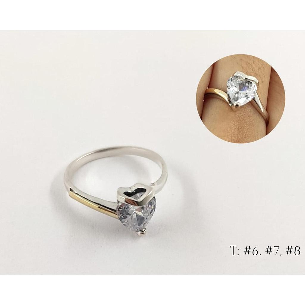 ANILLO SOLITARIO OP CORAZON PLATA 925/CON LAMINADO DE ORO  T7 T6 T8 T9