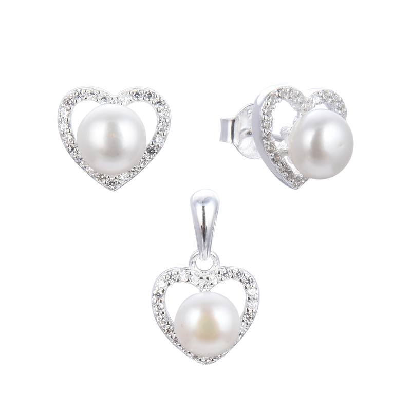 JUEGO DE CORAZÓN CON PERLA CULTIVADA 5MM. SET, CONJUNTO